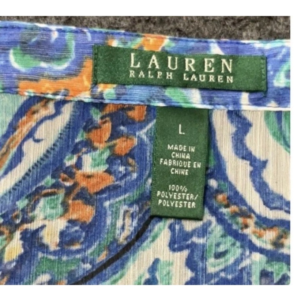 Ralph Lauren Women’s Blue Paisley Half Sleeve Pleated Chiffon Poets Blouse Large - Picture 10 of 10